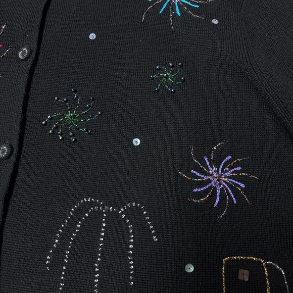 Vintage 90s Robert Scott Sweater Cardigan Wool Black Womens Large Bling Sequin - Picture 3 of 15